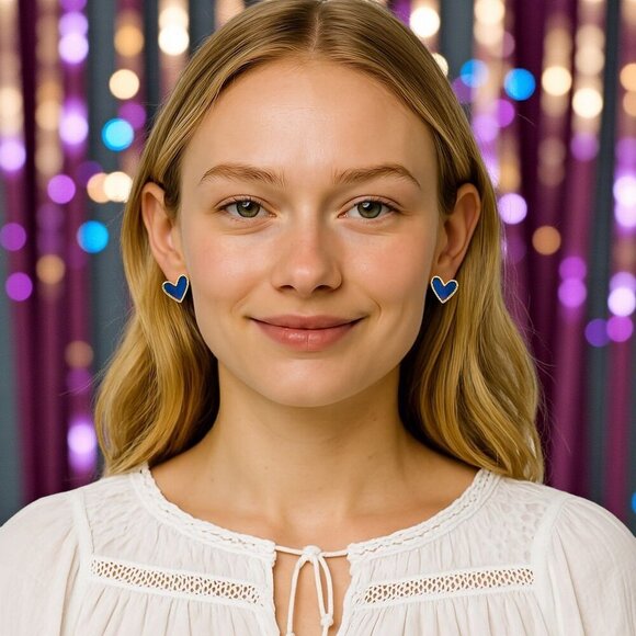 🆕 Royal Blue Enamel Heart Stud Earrings Gold Tone Statement Cute Gift Teen Girl - Picture 7 of 12